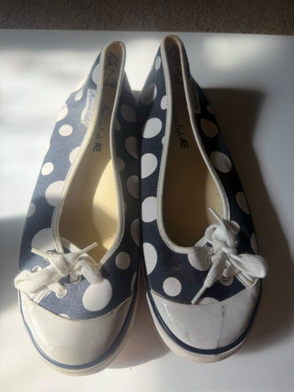 American Eagle Blue & White Polka-Dot Flats W 9